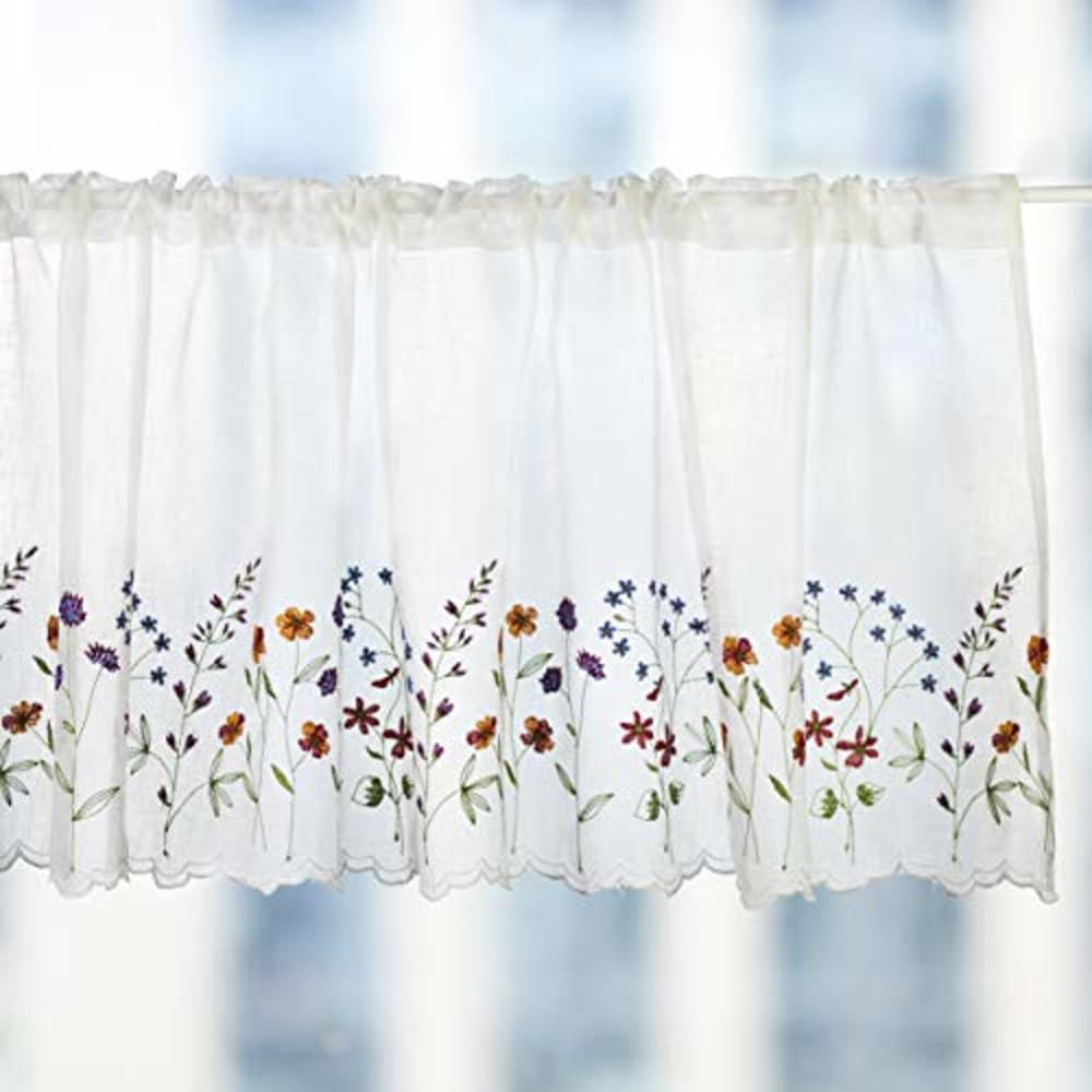 WEMAY Sheer Embroidery Pastoral Style Cafe Curtain Kitchen Curtain Floral Window Valance,W60XL18 inch (Wild Flower)