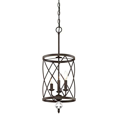 Kira Home Eleanor 13" 3-Light Traditional Foyer Light Pendant Chandelier, Cylinder Metal Shade, Adjustable Height, Oil-Rubbed Br