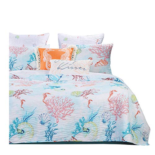 Benjara Full Size 3 Piece Polyester Quilt Set with Coral Prints, Multicolor