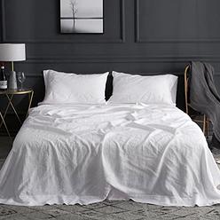 Simple&Opulence 100% Linen Sheet Set with Embroidery Washed - 4 Pieces (1 Flat Sheet & 1 Fitted Sheet & 2 Pillowcases) Natural F