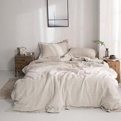 Simple&Opulence 100% Linen Duvet Cover Set with Embroidery Washed - 3 Pieces (1 Duvet Cover with 2 Pillow Shams) with Button Clo