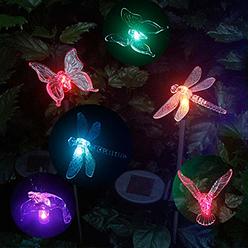 Anordsem 6 Pcs Solar Garden Light Colour Changing LED Dragonfly, Butterfly & Hummingbird Wireless Solar Garden Stake Lights Decor for Fen