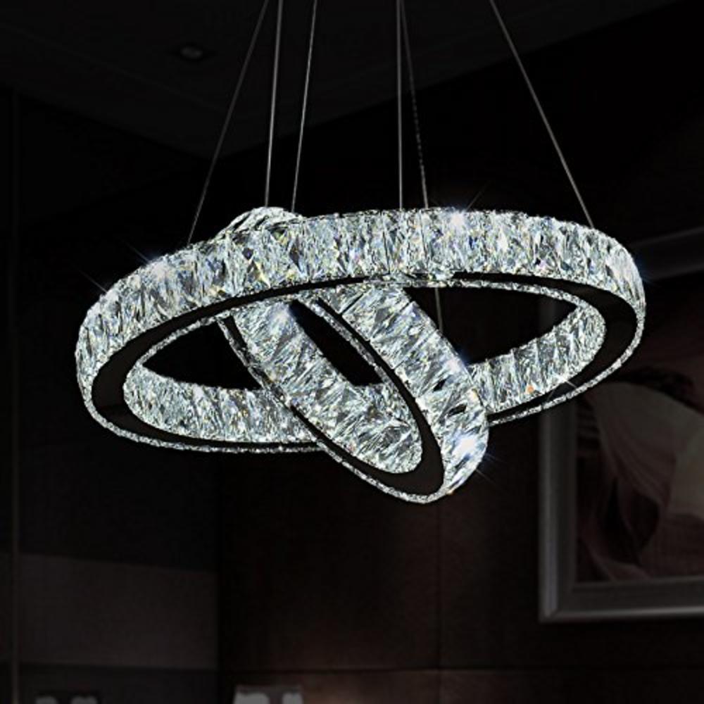 MEEROSEE Modern Crystal Chandelier Lighting Ceiling Light Fixture LED Contemporary Adjustable Stainless Steel 2 Rings Chandelier