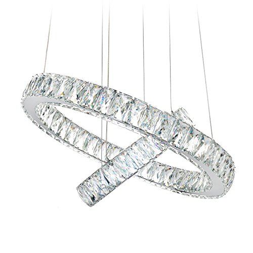 MEEROSEE Modern Crystal Chandelier Lighting Ceiling Light Fixture LED Contemporary Adjustable Stainless Steel 2 Rings Chandelier