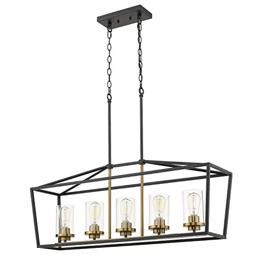 1 Emliviar Modern 5-Light Kitchen Island Pendant Light Fixture, Linear  Pendant Lighting, Black and Gold Finish with Clear Glass Sh