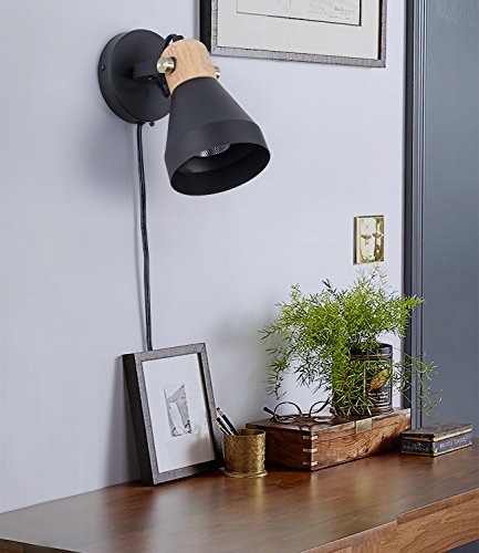 TeHenoo Wood Plug in Wall Lamp,Modern Rotatable Wall Light with On-Off Switch Cord,Matte Black
