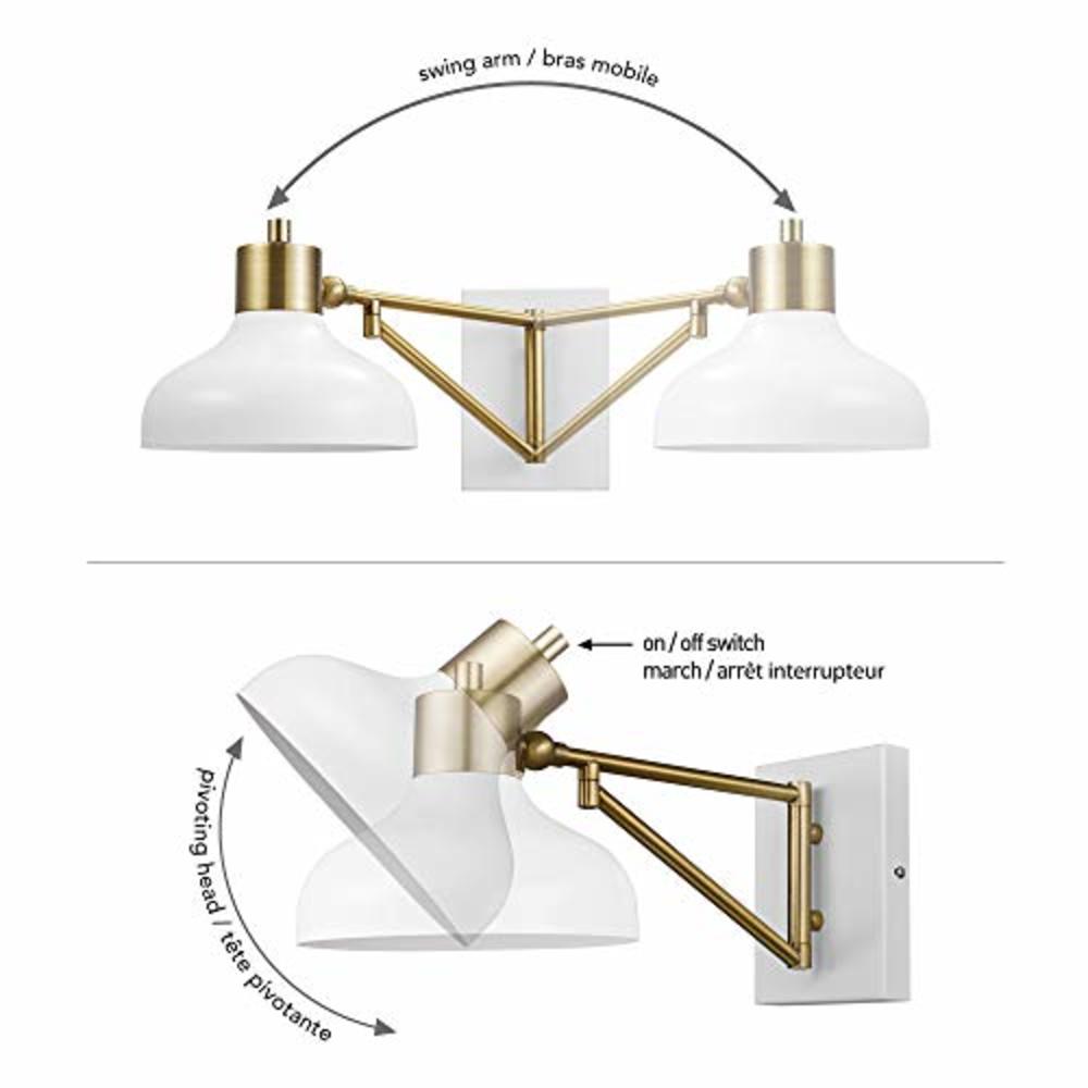Globe Electric 51344 Berkeley 1-Light Plug-In or Hardwire Swing Arm Wall Sconce, White, Brass Accents, White Cloth Cord 5.75"