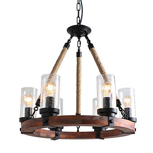 Anmytek C0008 Round Wooden Chandelier with Seeded Glass Shade Rope and Metal Pendant Six Decorative Lighting Fixture Retro Rusti