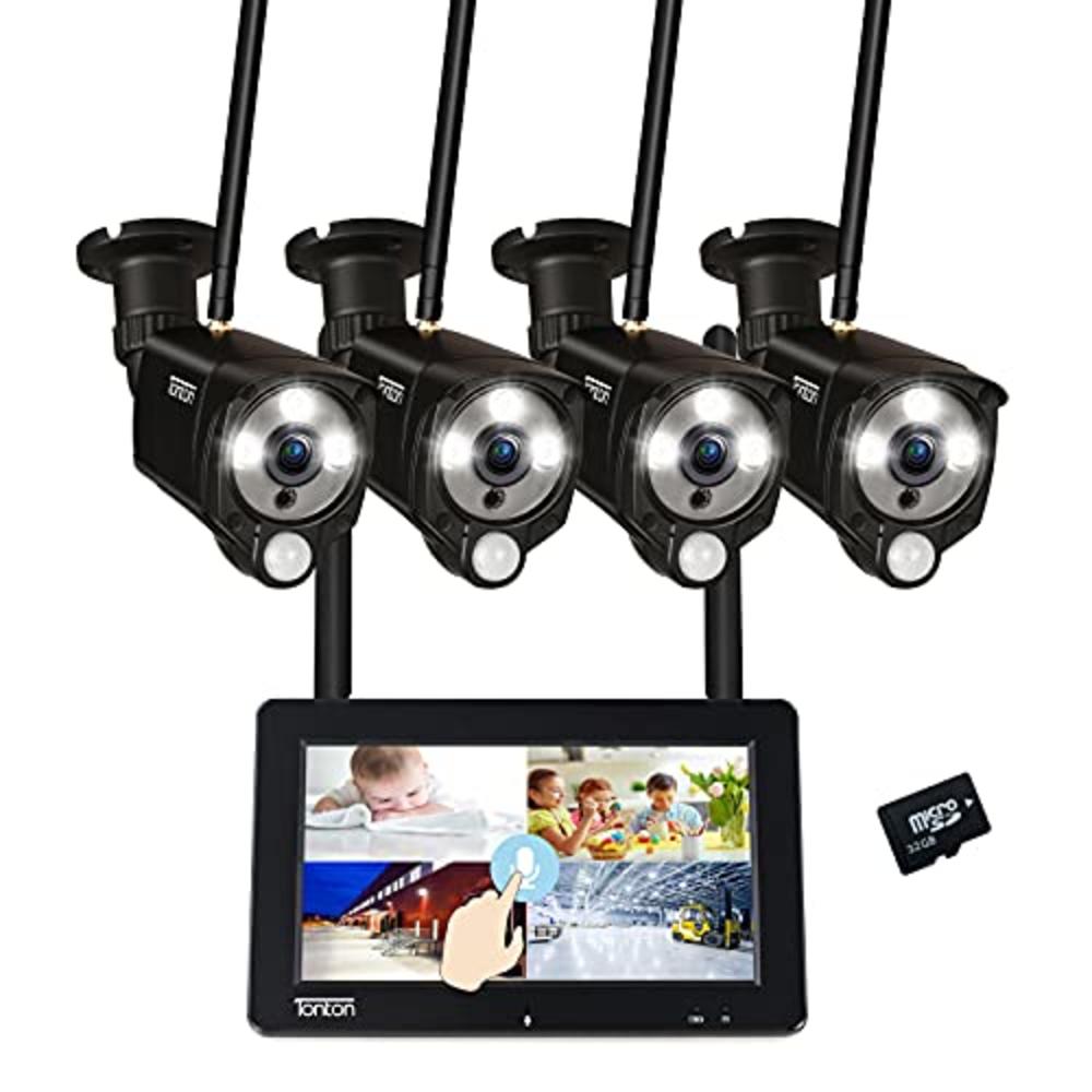 Tonton [3MP&2-Way Audio&Floodlight] Tonton Portable LCD Security Camera System Wireless, 7" IPS Touchscreen Monitor,4CH NVR and 4PCS 3M