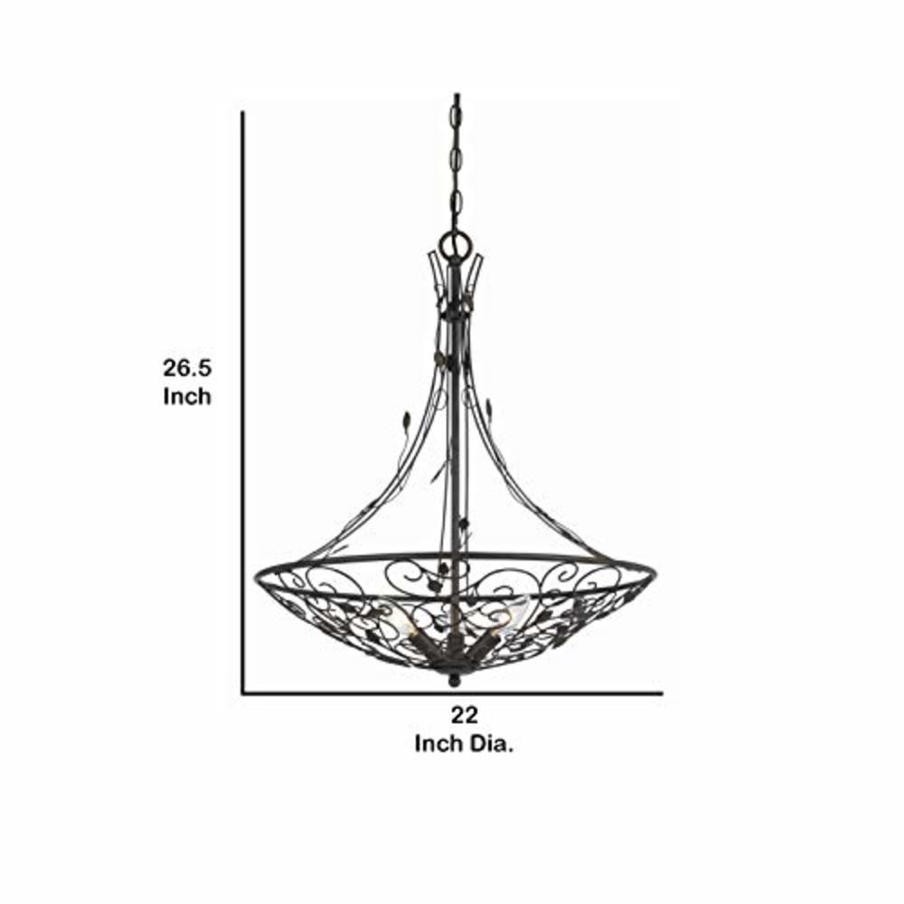 Benjara BM226305 3 Bulb Round Metal Chandelier with Scrolled and Leaf Details, Bronze