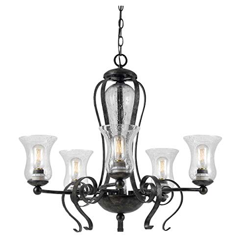 Benjara 5 Bulb Chandelier with Scrolled Metal Frame and Glass Shades,Gray and Clear