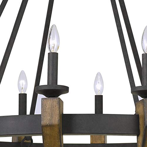 Benjara 12 Bulb Round Metal Chandelier with Candle Lights and Wooden Accents