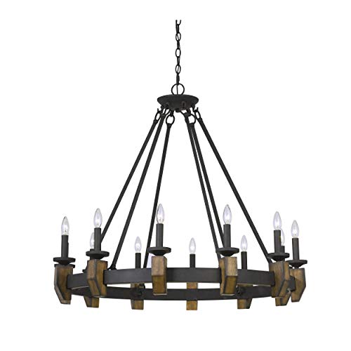 Benjara 12 Bulb Round Metal Chandelier with Candle Lights and Wooden Accents