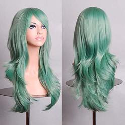 BERON 24 Inches Green Wig Long Wavy Wig Mint Green Wig for Women Heat Resistant Synthetic Hair Light Green Wig with Bangs Green 