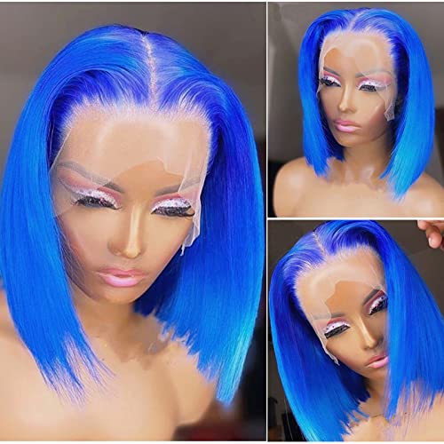 smavida Long Bob Wigs Human Hair Pre Plucked Hairline Blue Lace Wig Straight 13x4 Human Hair Wigs Bleached Knots with Baby Hair 14inch f