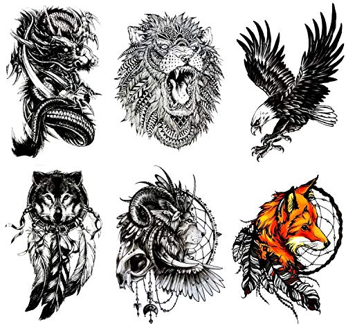 Gilded Girl Large Temporary Tattoos(Set of 6) Spirit Animals,  Dragon/Fox/Wolf/Lion/Eagle/Skull/