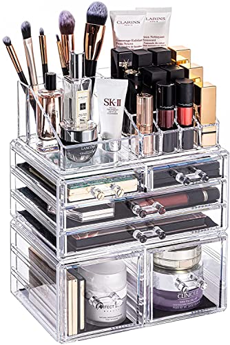 DreamGenius Makeup Organizer 3 Pieces Acrylic Stackable Makeup Storage Organizer Box with 6 Drawers for Jewerly Lipstick and Mak