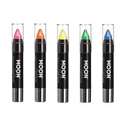 Moon Glow - Blacklight Neon Glitter Face Paint Stick/Body Crayon makeup for the Face & Body - Set of 5 colours - Glows brightly 