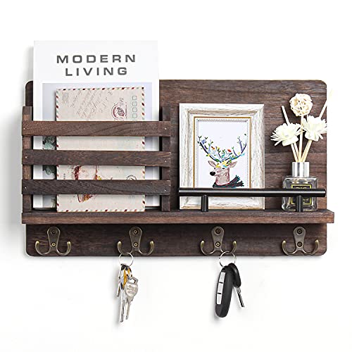 Bosidu Wooden Mail And Key Holder For Wall Decorative Rustic Mounted Organizer With 4 Double Hooks 1 Sorter P - Wooden Wall Mount Mail Organizer