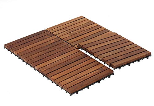 Bare Decor EZ-Floor Interlocking Flooring Tiles in Solid Teak Wood Oiled Finish (Set of 10), Long 9 Slat