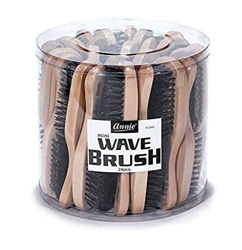 Annie - Mini Wave Brush Bulk - (24) Count - (100%) Boar Reinforced Bristles - Polished Wooden Handle - Best for Thick Hair