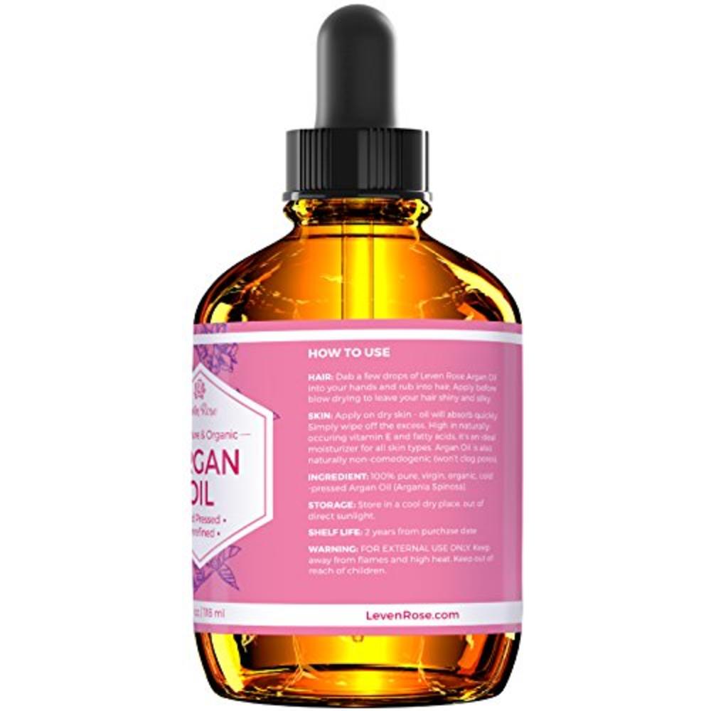 Argan Oil by Leven Rose, 100% Pure Virgin Cold Pressed Moroccan Anti Aging  Acne Treatment Moisturizer for Hair Skin & Nails 4 oz