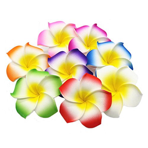 Ewanda store 100 Pcs Diameter 3.2 Inch Assorted Color Artificial Plumeria Rubra Hawaiian Foam Frangipani Flower Petals for Weddi