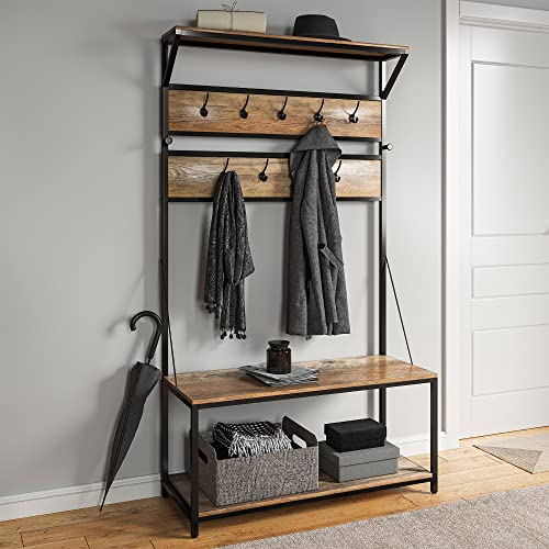 BELLEZE Modern Entryway Hall Tree Coat Rack Storage Shoe Bench with 4-in-1 Design, 11 Hooks, Wood Accent Furniture with Metal Fr
