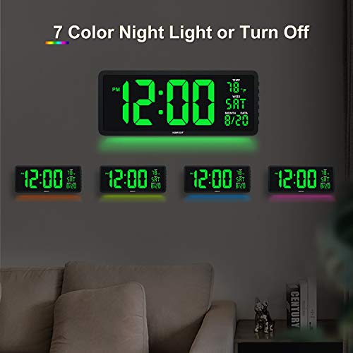 YORTOT 16・Large Digital Wall Clock with Remote Contol and 7 Night Lights, 4 Level Dimmer, Big LED Clock with Indoor Temperature,