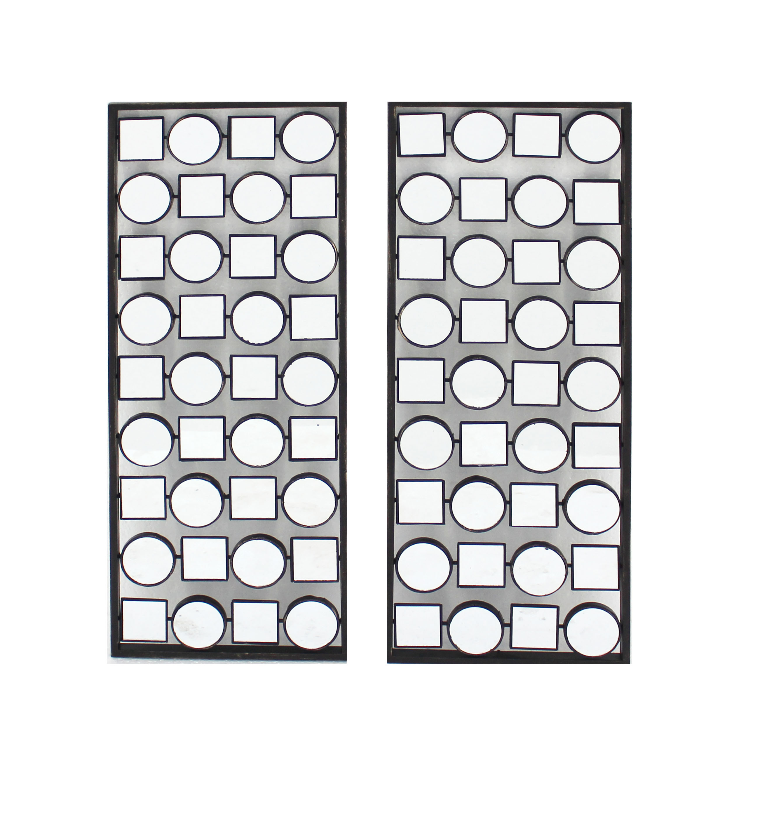 Benjara Wall Plaque with Alternate Square and Round Mirrors, Set of 2, Gray