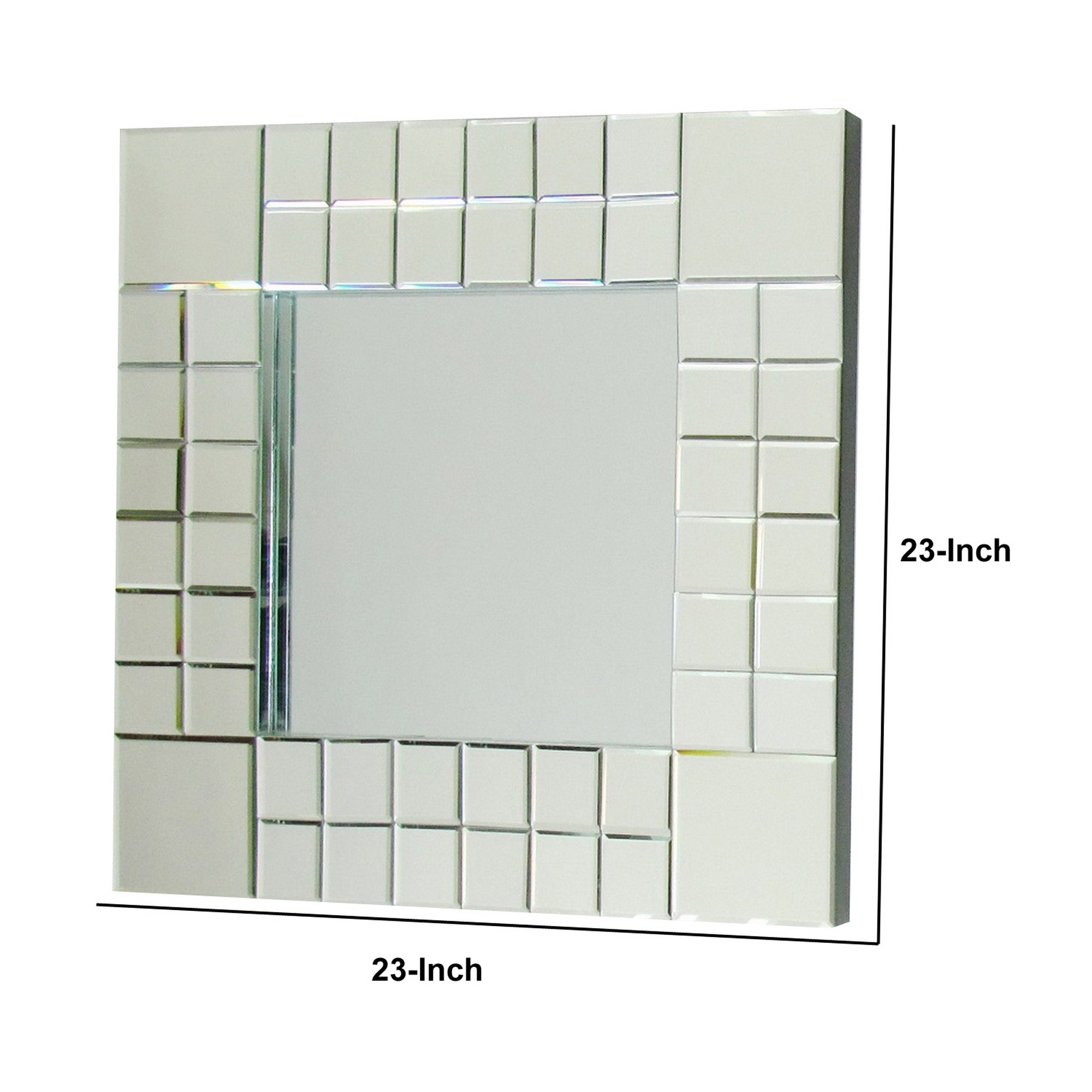 Benjara Square Beveled Mirror with Grid Like Accent, Silver