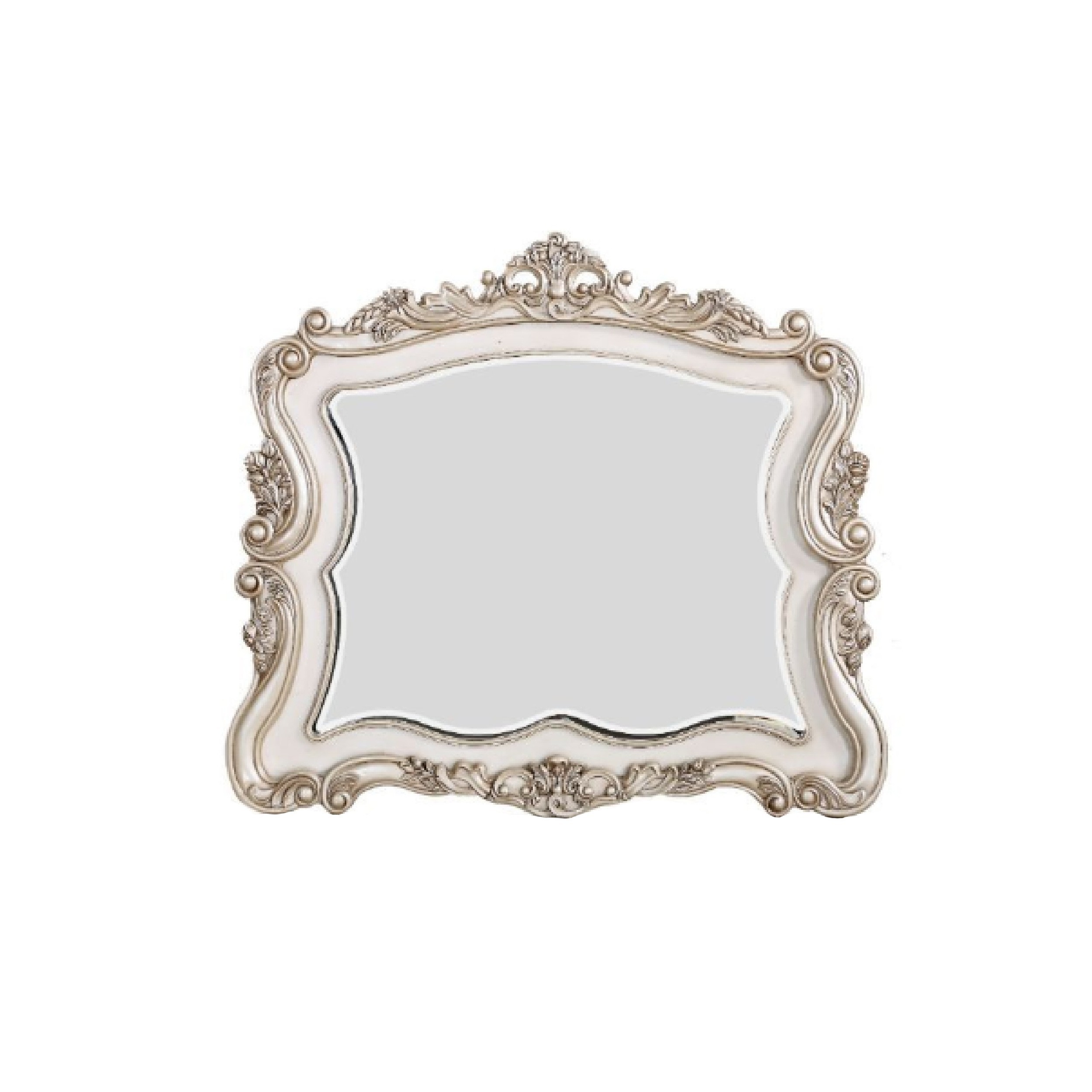 Benjara Saltoro Sherpi 50 Inch Solid Wood Mirror, Scalloped, Scroll Ornate Trim, Antique White- Saltoro Sherpi
