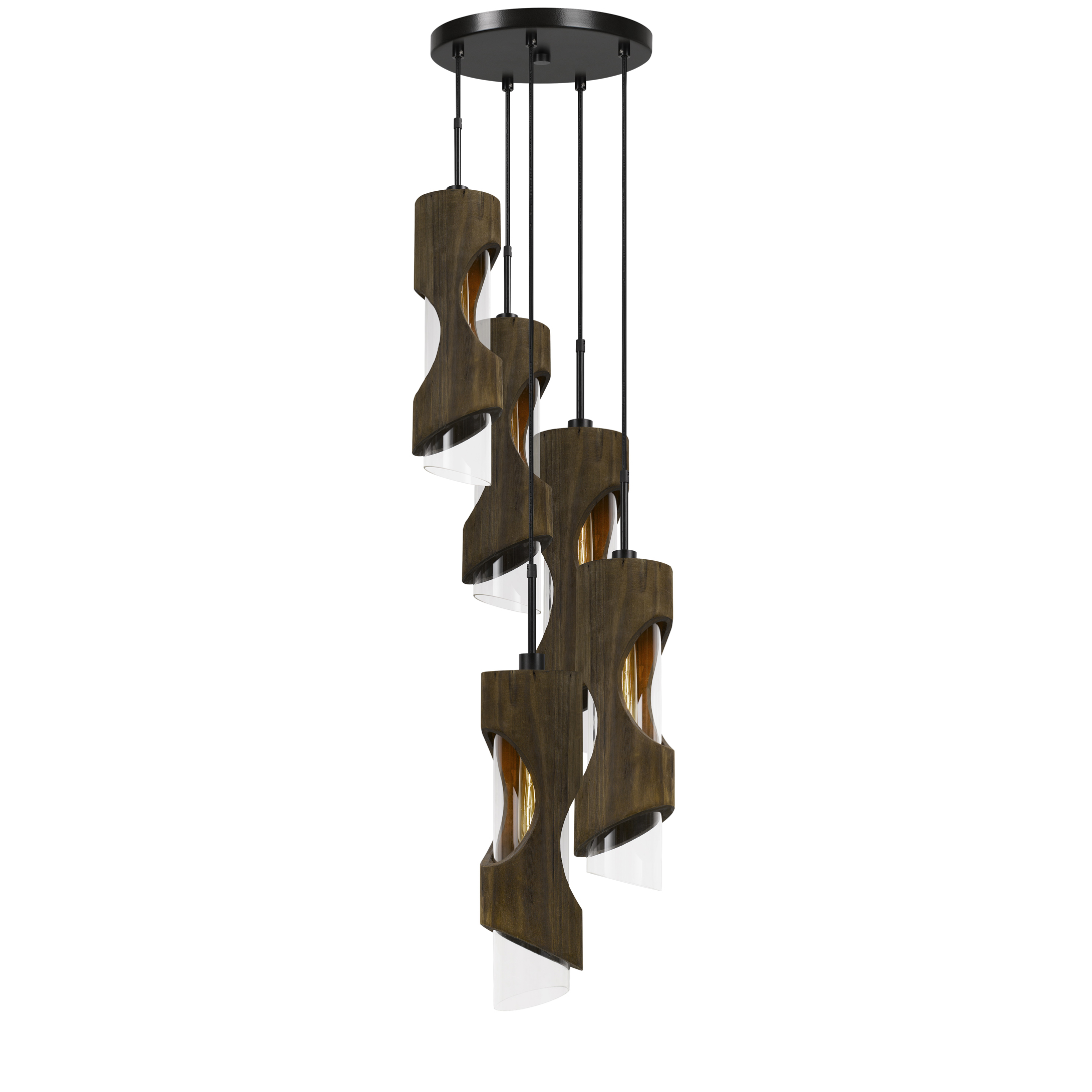 Benjara 5 Light Metal Frame Pendant Fixture with Wooden and Glass Shades, Brown