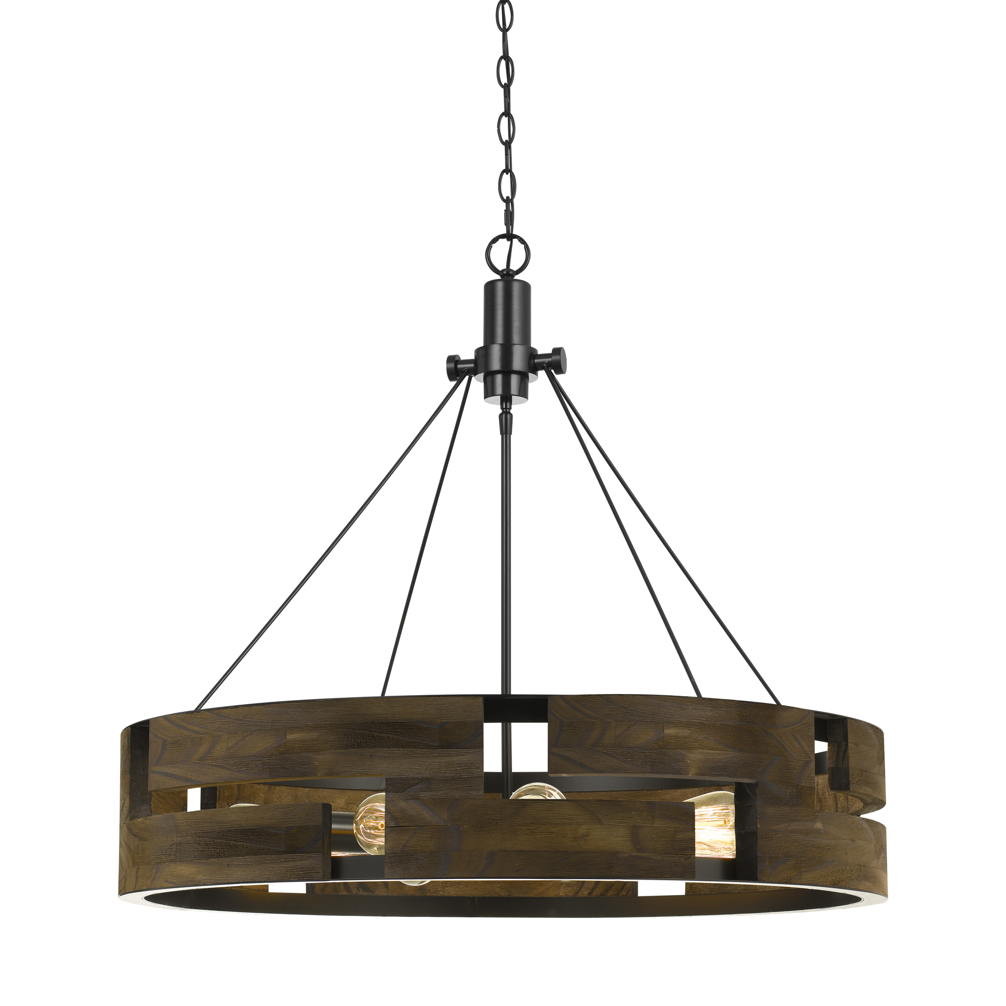 Benjara BM225623 9 Bulb Round Wooden Frame Chandelier with Geometric Cut Out Design&#44; Brown