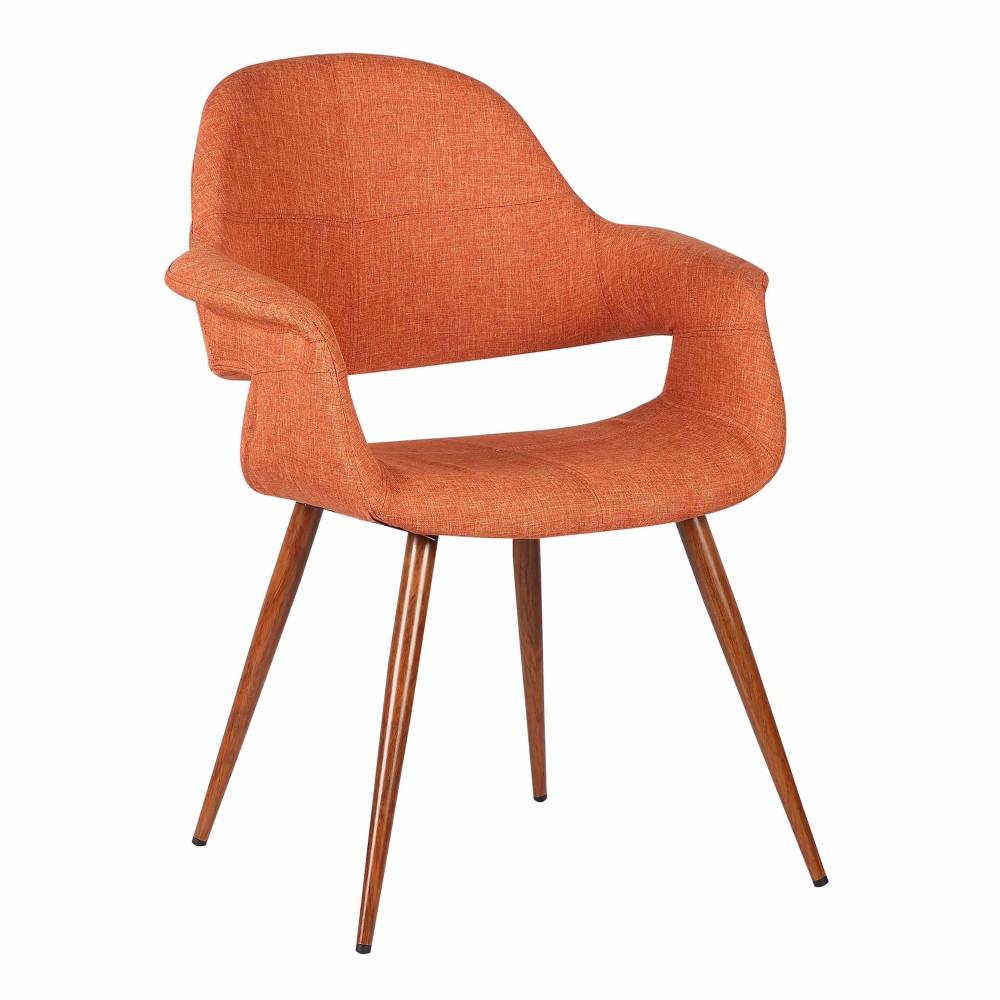 Benjara Saltoro Sherpi Fabric Mid Century Dining Chair with Round Tapered Legs, Orange and Brown- Saltoro Sherpi