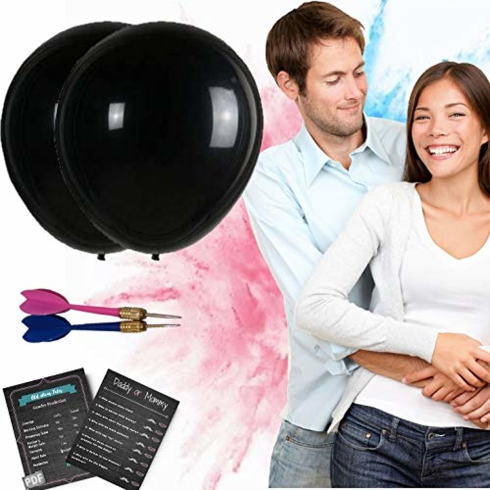 Perfect Memories Baby Gender Reveal Balloon Set by Perfect Memories - [2x] 36” Black Baby Reveal Balloons, Darts and Pink and Blue Powder Smoke B