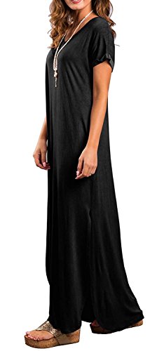 GRECERELLE Womens Casual Loose Pocket Long Dress Short Sleeve Split Maxi  Dress Black X-Large