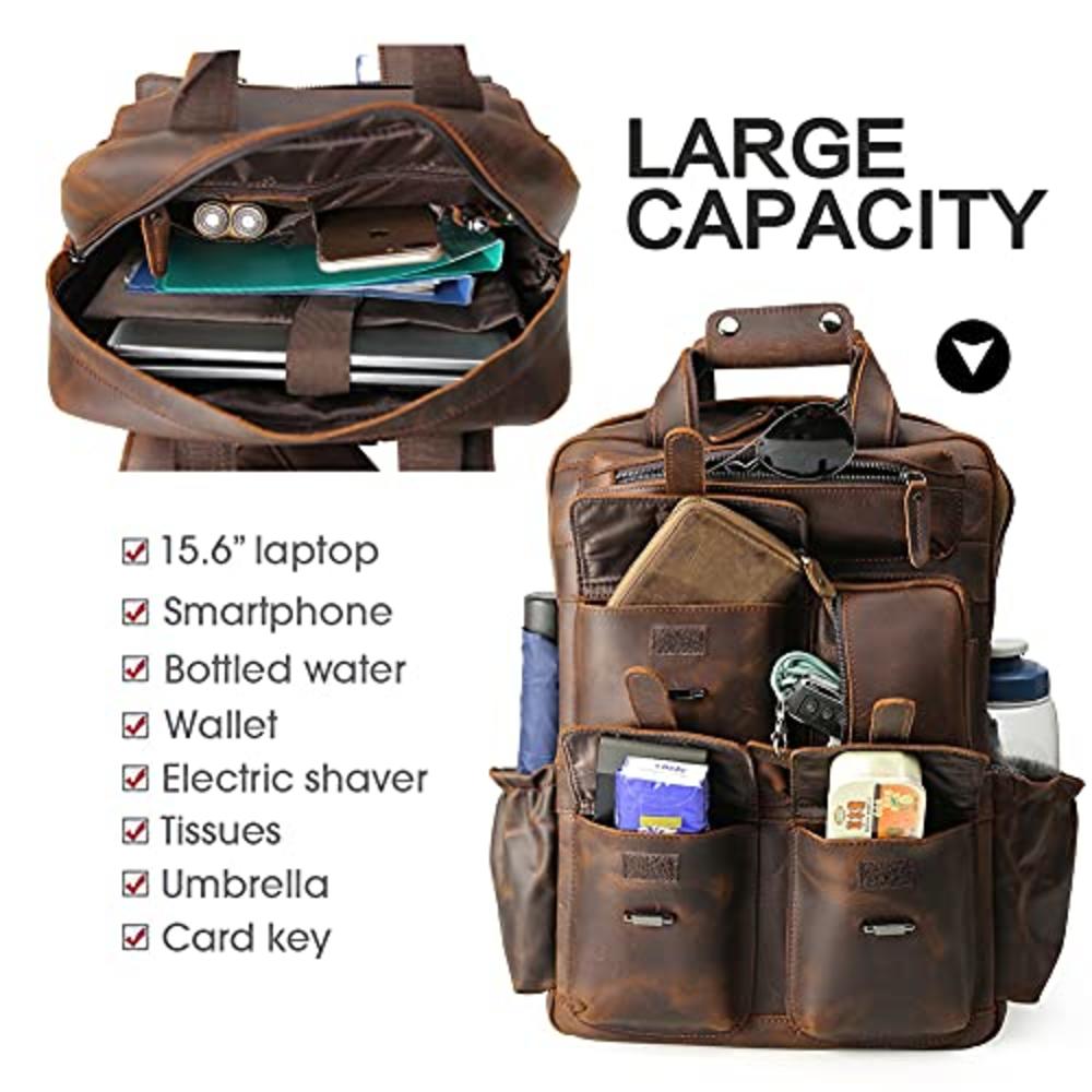 Masa Kawa Genuine Leather Backpack for Men Vintage 15.6 Inch Laptop Bag Multi Pockets Rucksack Casual Travel Daypack Brown