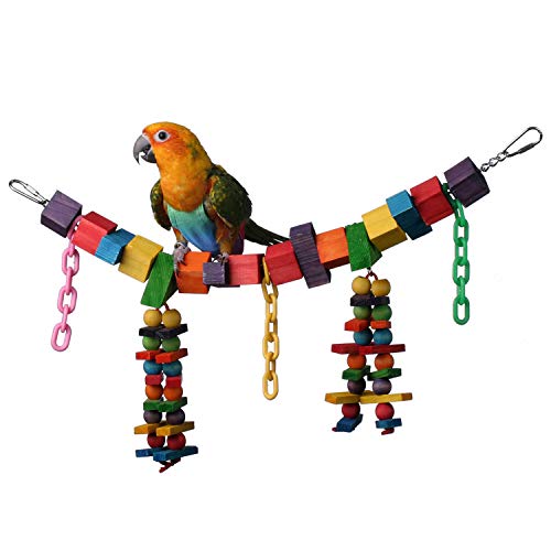 Super Bird Creations SB449 Rainbow Bridge Jr. Chewable Wooden Bird Toy with Colorful Blocks and Beads, Medium Size, 18” x 3” x 7