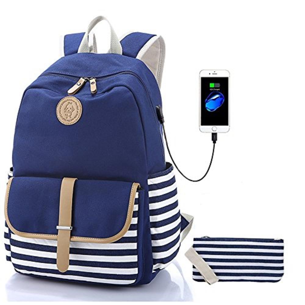 Sqodok Canvas Backpack for Women Teen Girls with USB Charging Port, Lightweight School Bookbag 15.6 Laptop Backpack for Middle S