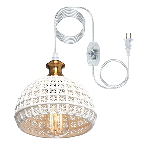 HMVPL Ceramic Plug in Pendant Light Fixture, Unique Swag Ceiling Lamp with 16.4 Ft Hanging Cord and On/Off Dimmable Switch for K