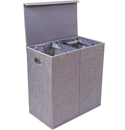 BIRDROCK HOME Premium Double Laundry Hamper with Lid and Removable Liners - Linen Hampers - Grey Foldable Bin - Easily Transport