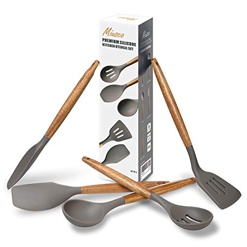 Miusco Non-Stick Silicone Cooking Utensils Set with Natural Acacia Hard Wood Handle, 5 Piece, Grey, High Heat Resistant