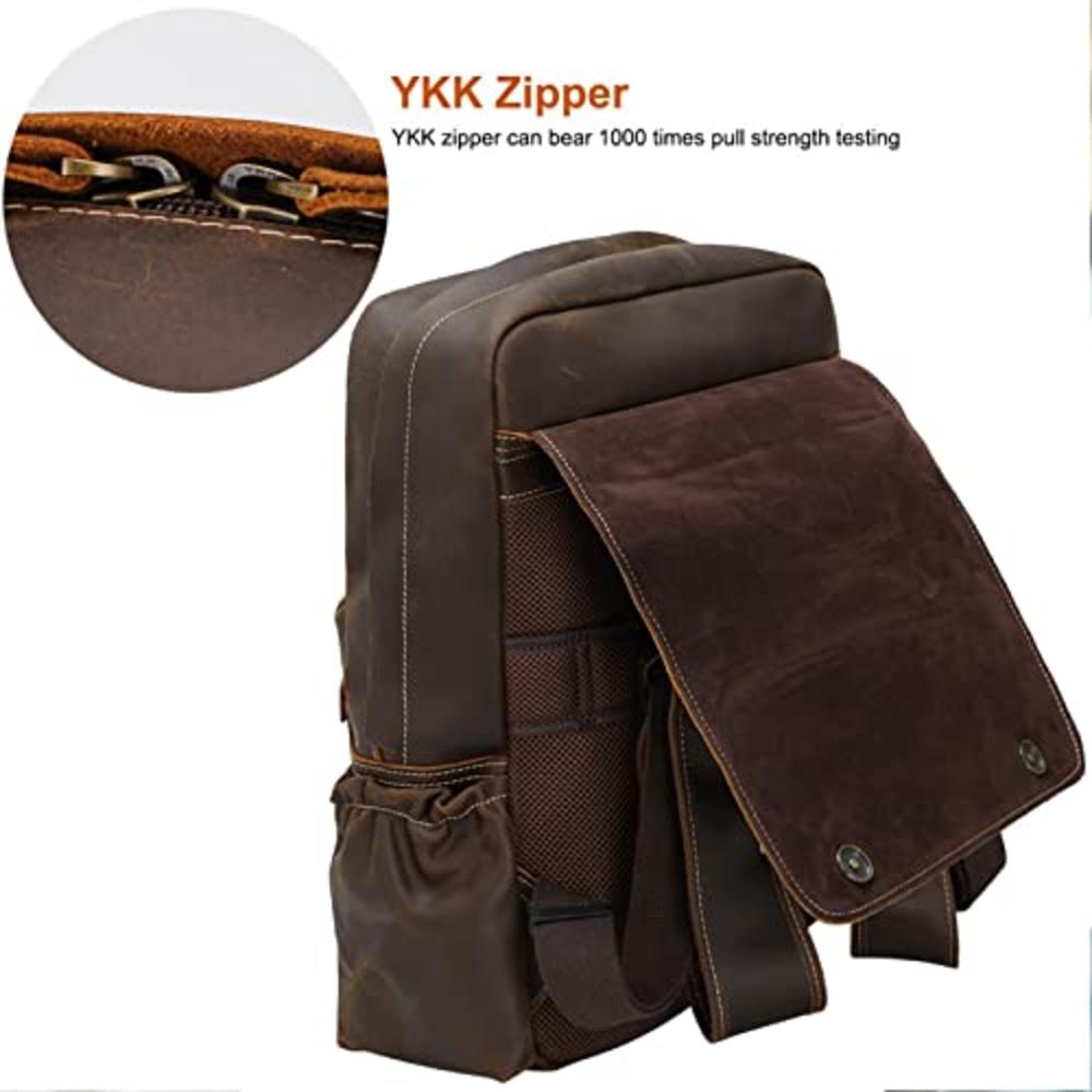 Masa Kawa Vintage Genuine Leather 15.6 Inch Laptop Backpack for Men Casual Travel Work Bag Bookbag Daypack with YKK Zipper Brown