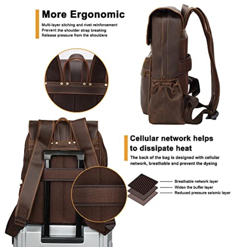 Masa Kawa Vintage Genuine Leather 15.6 Inch Laptop Backpack for Men Casual Travel Work Bag Bookbag Daypack with YKK Zipper Brown