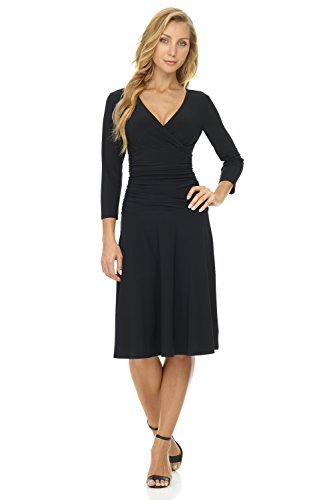 Rekucci Womens Slimming 3/4 Sleeve Fit-and-Flare Crossover Tummy Control  Dress (10, Black)