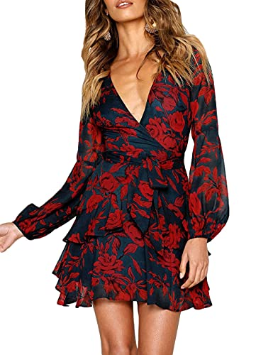 UGUEST Women Long Sleeve V Neck Dress Floral Mini Swing Party Wedding Dress with Belt Charcoal Red XL