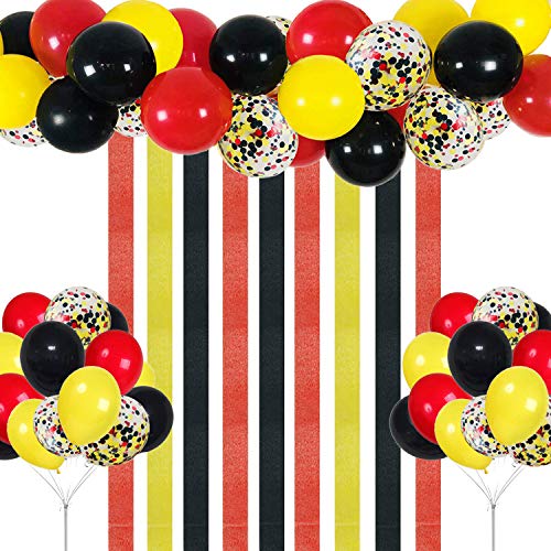 Raiow Mickey Party Balloons Arch Kit, 55pcs 12 Inch Red Black Yellow Confetti Latex Balloons with Crepe Paper Streamers for Baby Showe