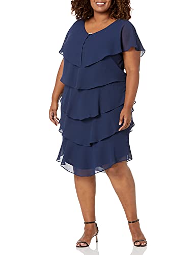 S.L. Fashions Womens Plus Size Short Sleeve Pebble Tier Dress, Navy, 16W
