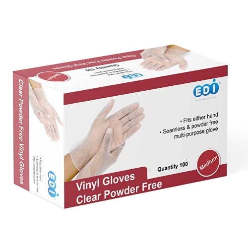 EDI Disposable Vinyl Gloves Medium, 100 pcs (Clear) - Powder-Free, Latex-Free